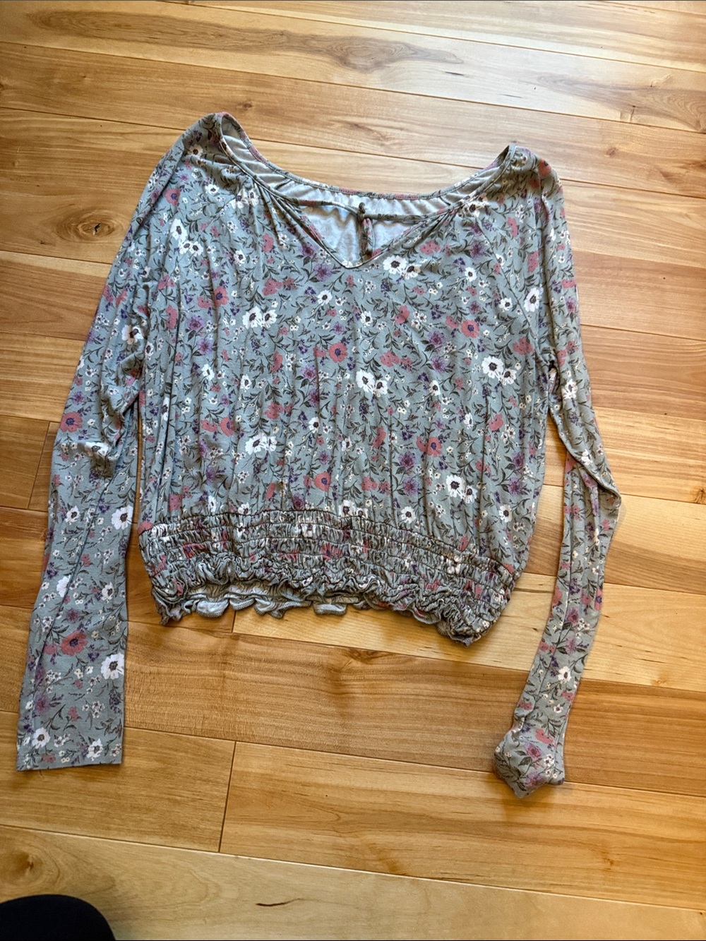 American Eagle Outfitters Sage Floral Long-Sleeve Smocked Hem Top